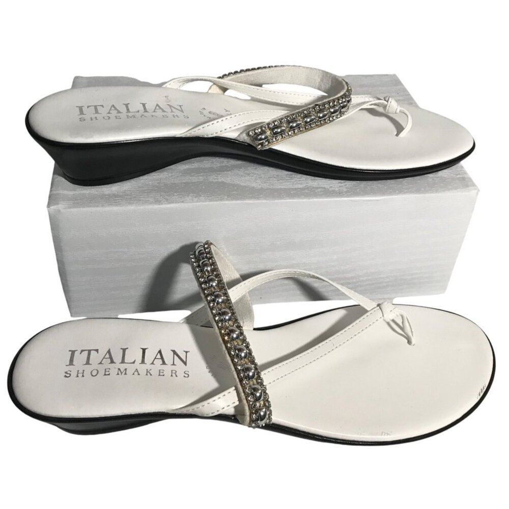 Italian Shoemakers Sandals White Wedge Size 8 Womens Rhinestone Embellished
